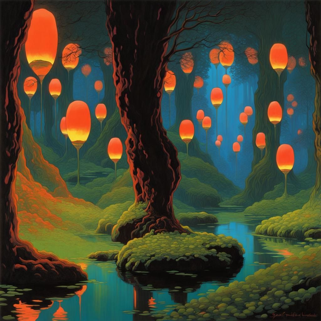 16k resolution, art by Syd Mead, Claude Monet, Hasui Kawase, Gustav Klimt, mystical forest where lava lamps grow as orga...