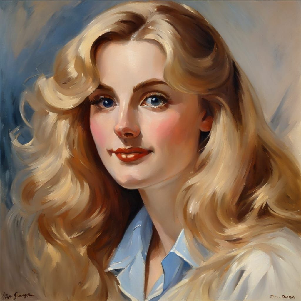 Elegant Portrait of a Blond Woman in Oil Paint