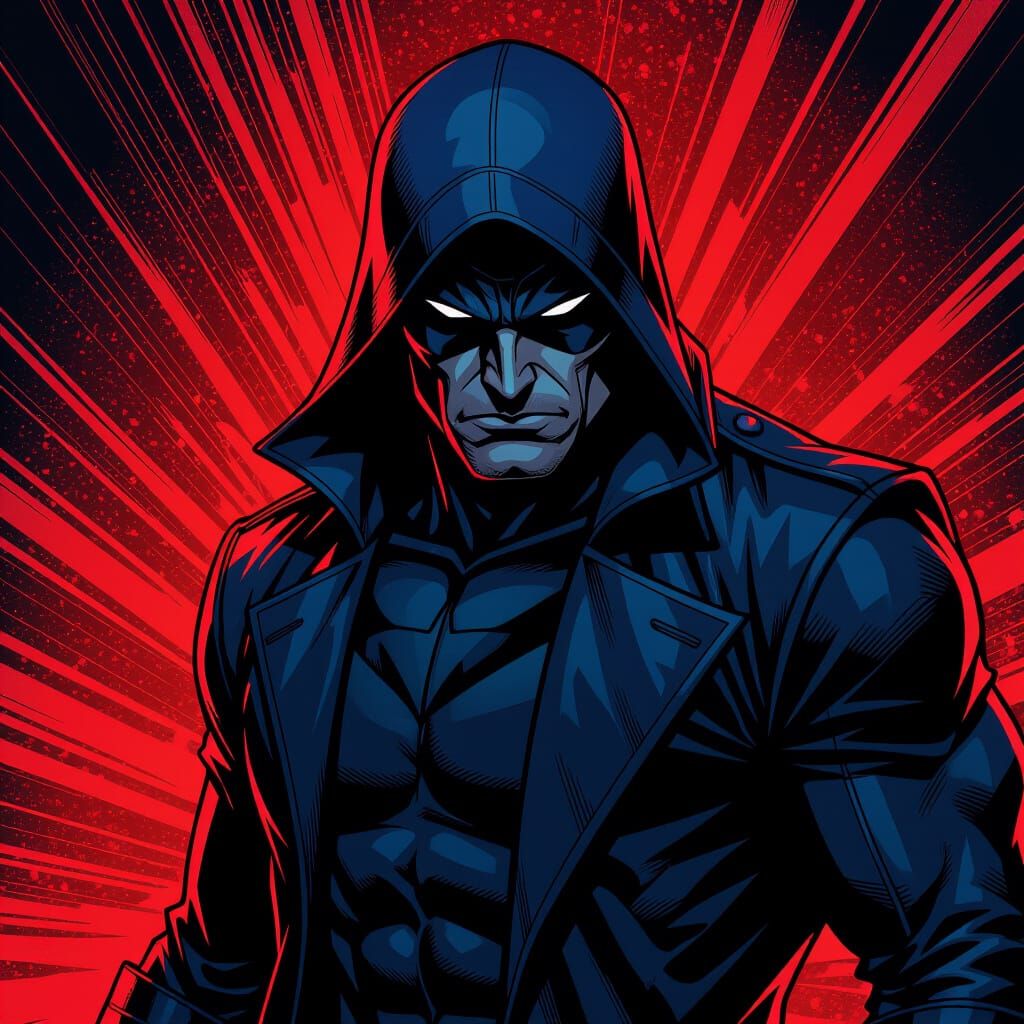 Comic Book Panel of Deadly Character in Crimson and Blue