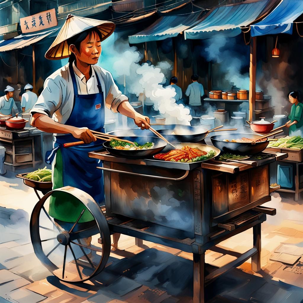 Vietnamese Street Food Vendor in Watercolor Style