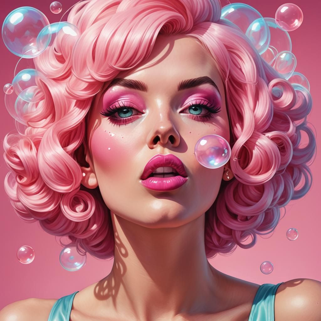 Pink-Haired Pinup Model in Retro-Futuristic Pop Art