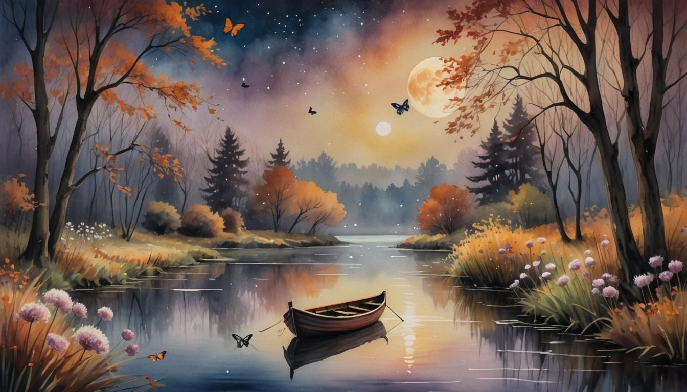 Magical Realism: Autumnal Moonlit River Scene