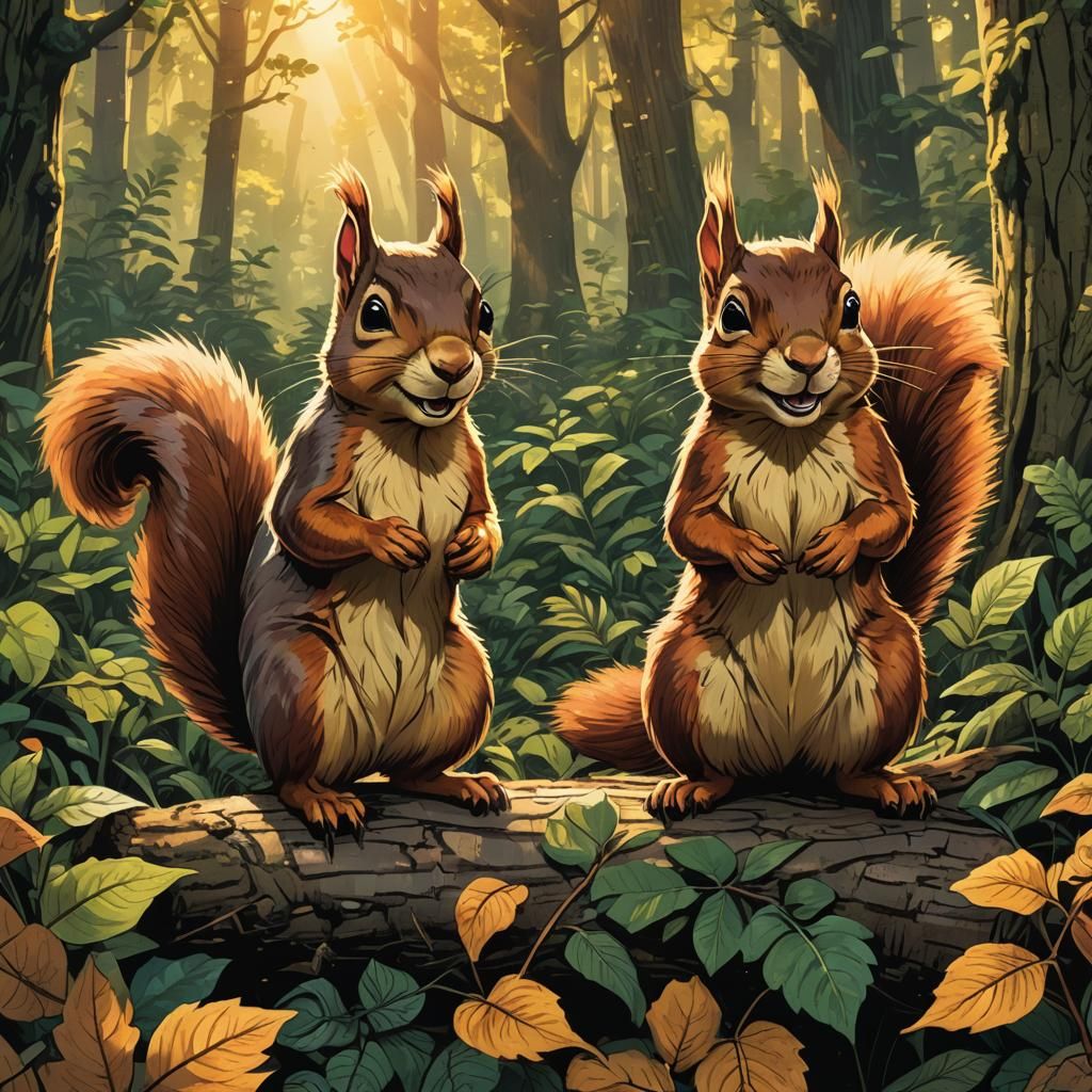 Smiling Squirrels in Forest: Digital Comic Book Art