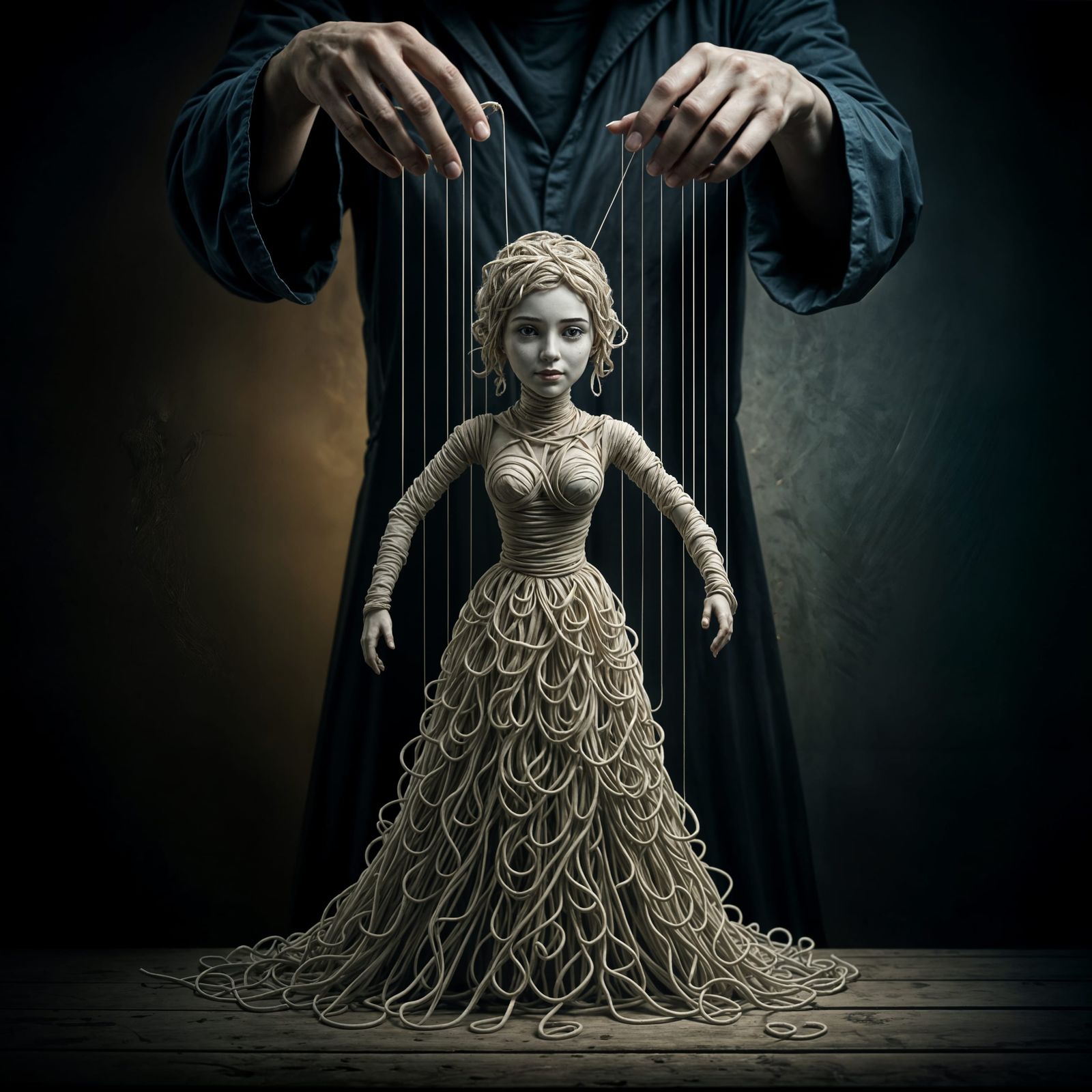 Eerie Puppeteer Manipulating a String Puppet