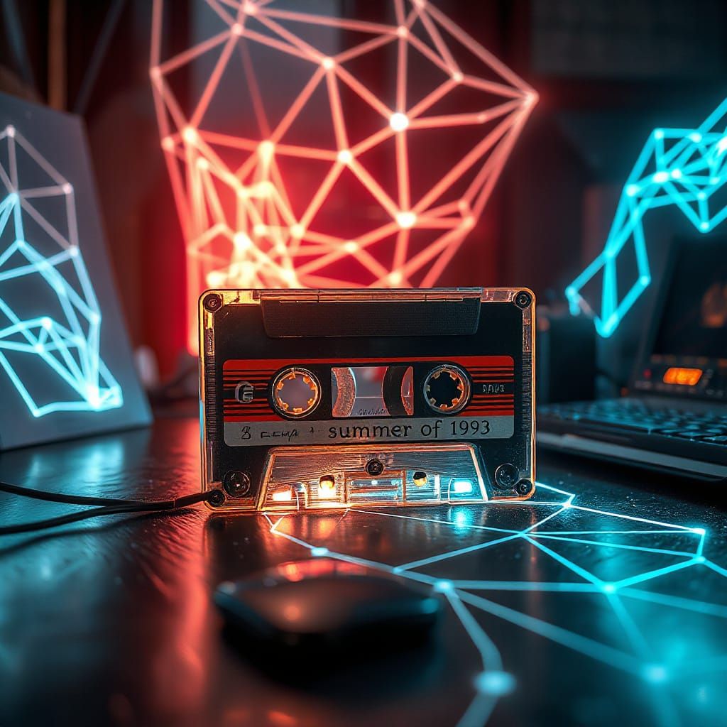 Retro Mix Tape with Futuristic Sci-Fi Hologram