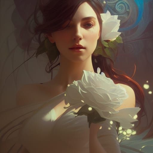 Hyperdetailed White Rose in Art Nouveau Style