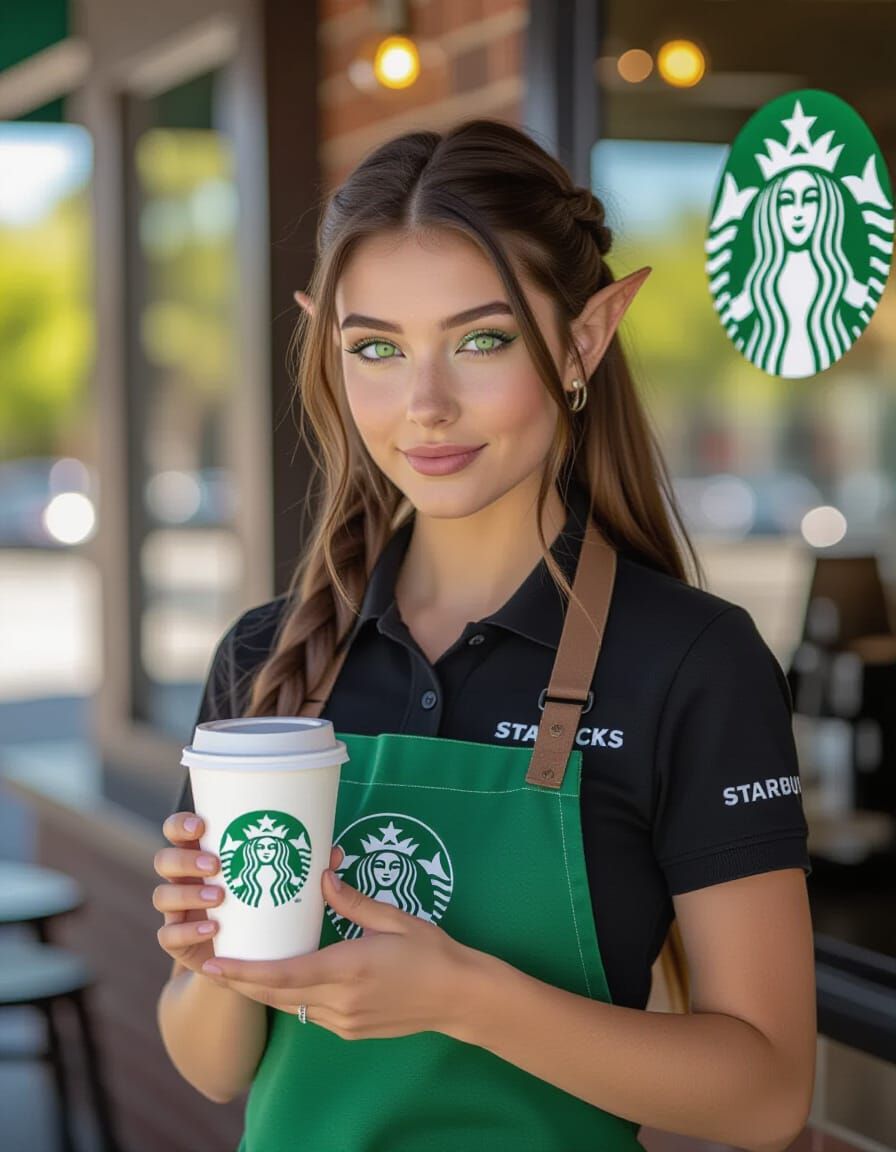 Elven Starbucks Barista in Realistic Fantasy Photography