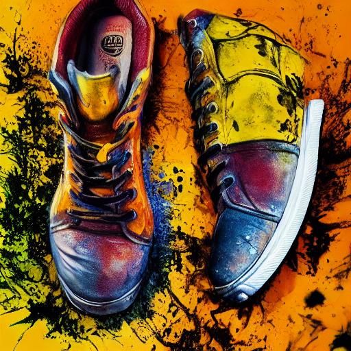 Yellow Shoes in Neon Light: Hyperrealistic Splash Art