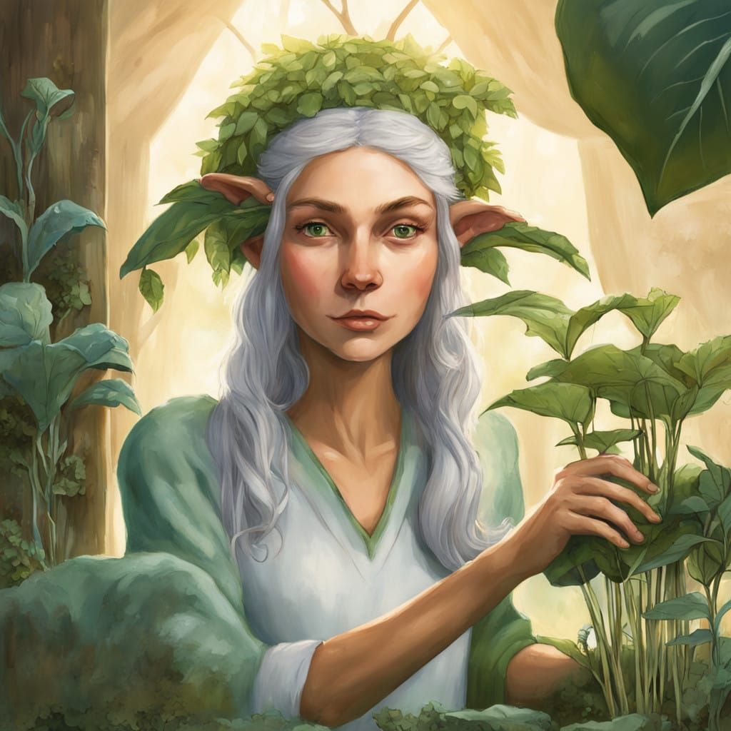 Elf Woman Tends to Her Luminous Botanicals in a Whimsical Fo...