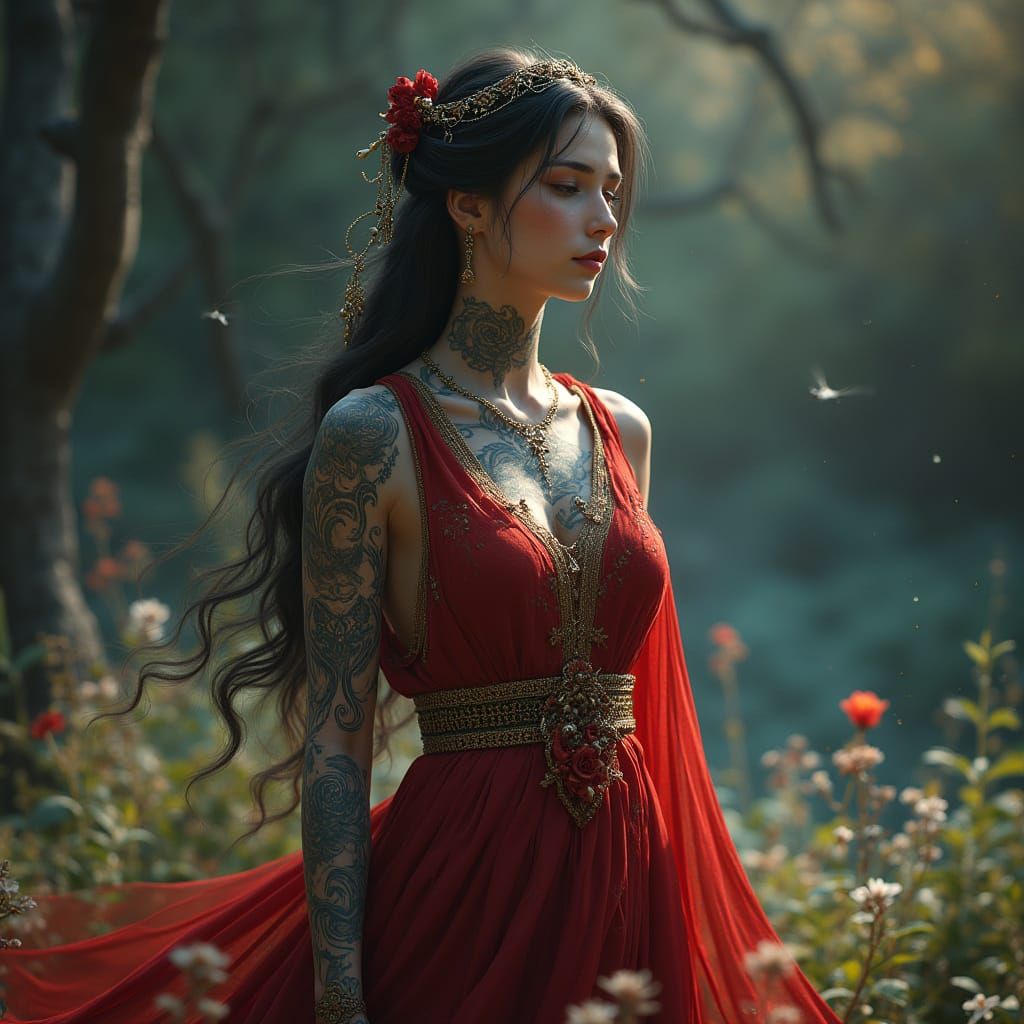 Soulful Goddess in Radiant Flow, Intricately Tattooed and Fr...