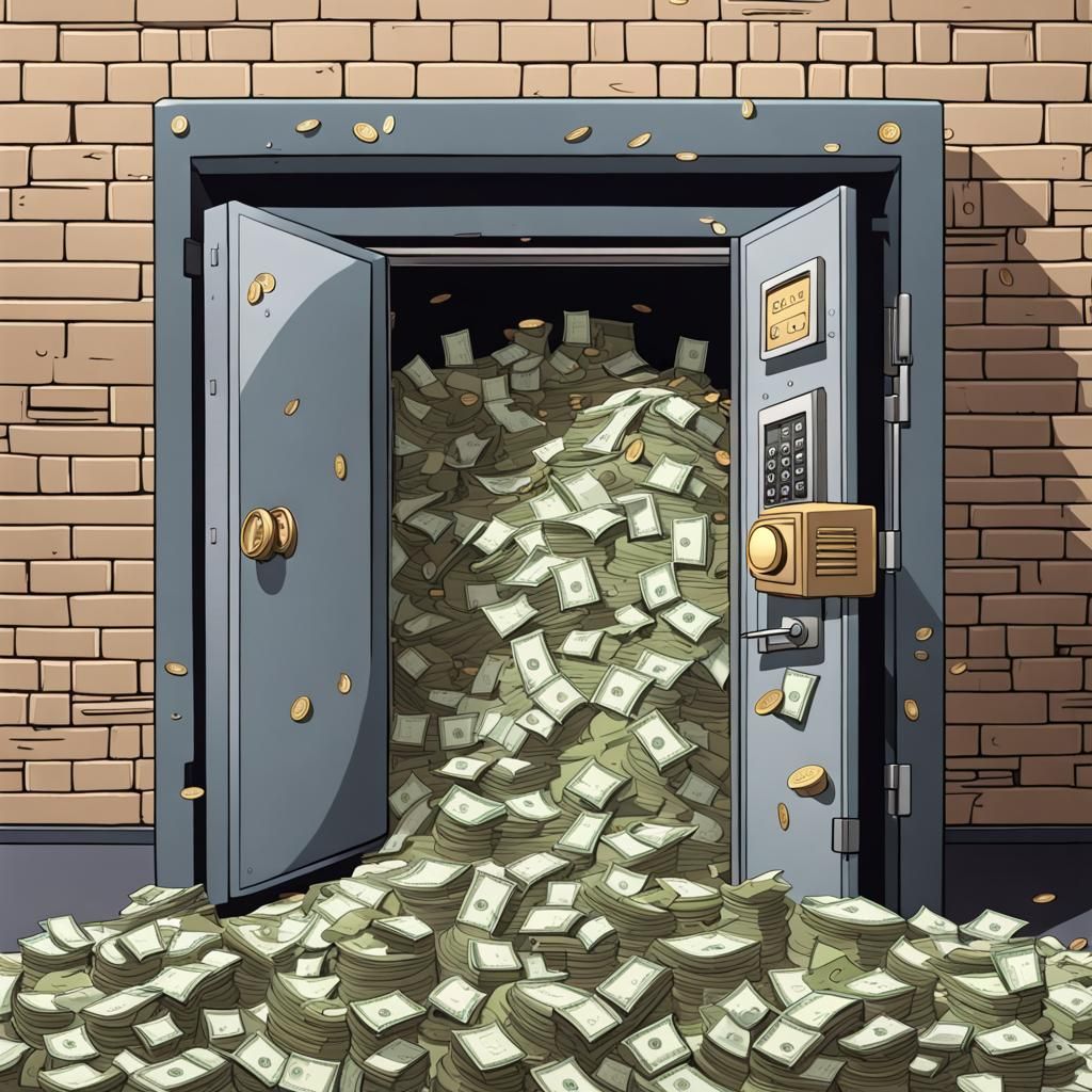 Loony Tunes style cartoon showing a bank vault overflowing w...