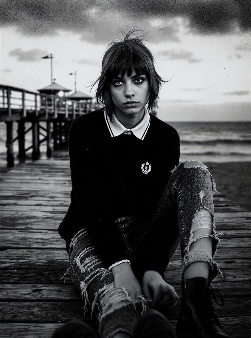 B&W photo image of a skinny skinhead pretty brunette young g...