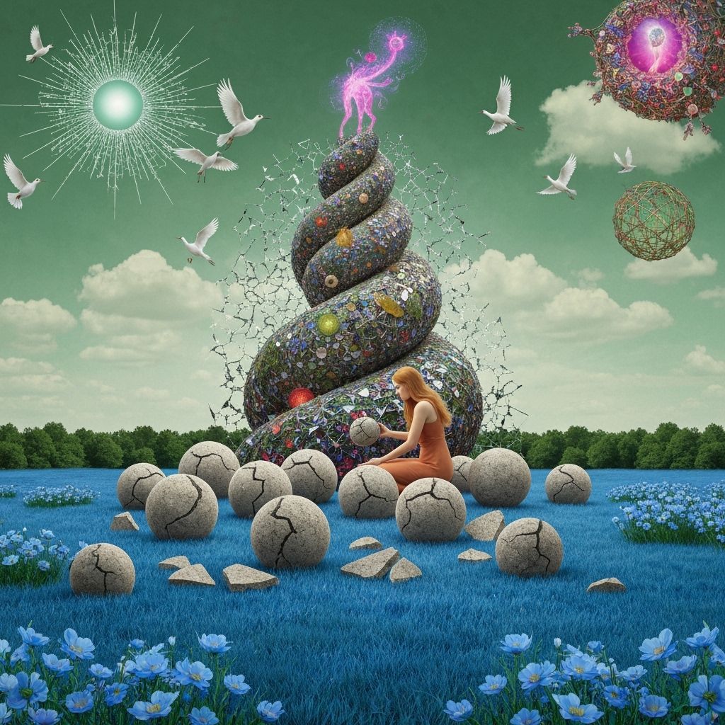 Surreal Blue Landscape with Woman and Cosmic Sky