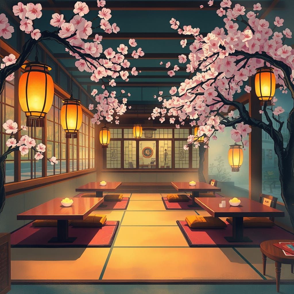 Serene Japanese Restaurant with Cherry Blossoms in Digital A...
