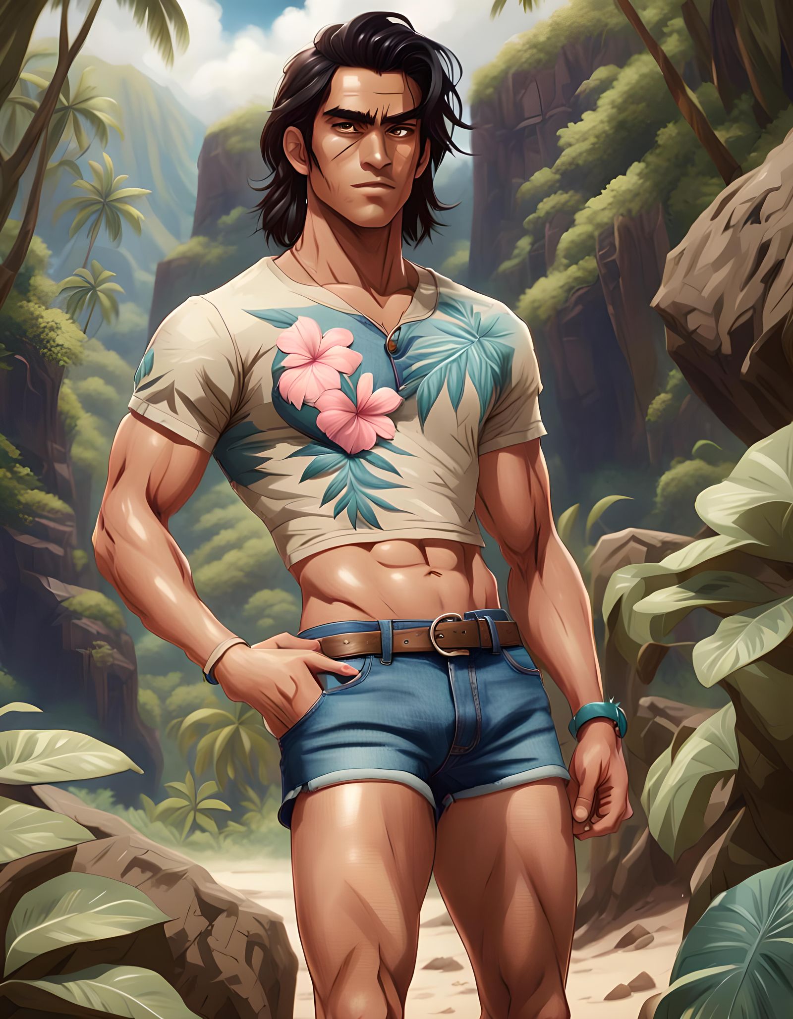 Handsome Hawaiian Man in Crop Top: 8K Portrait