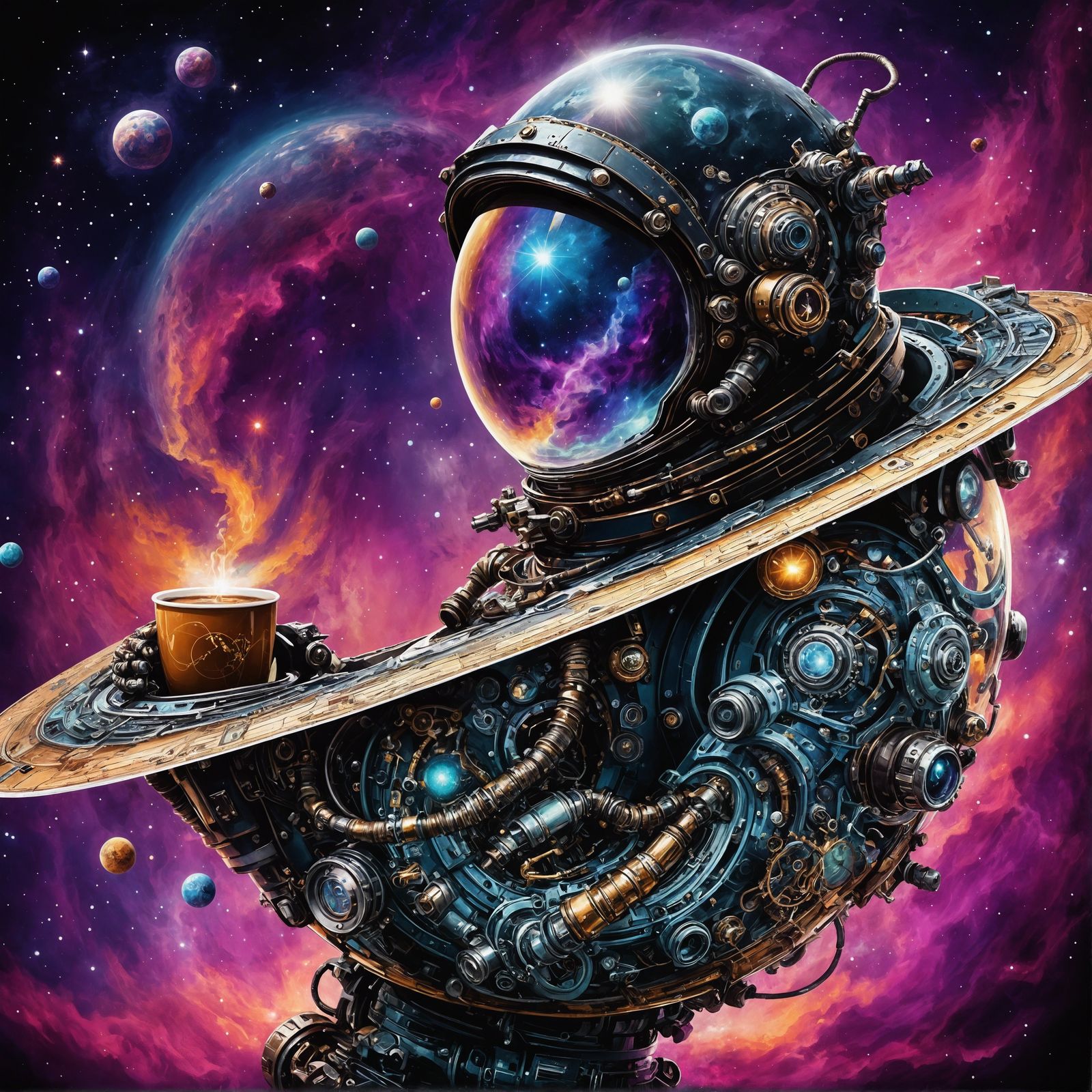 Steampunk Astronaut Drinks Coffee in Cosmic Landscape