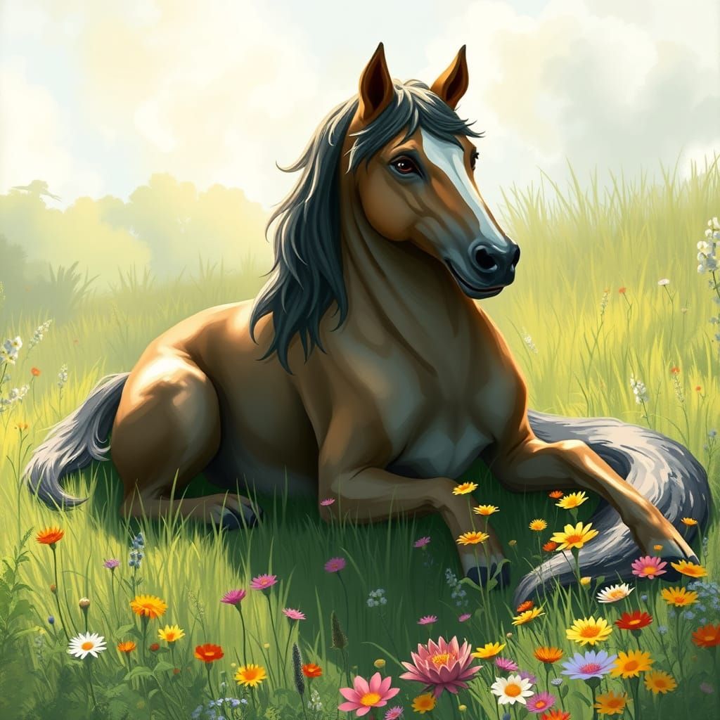 Majestic Dog-Horse Chimera in Dreamlike Meadow