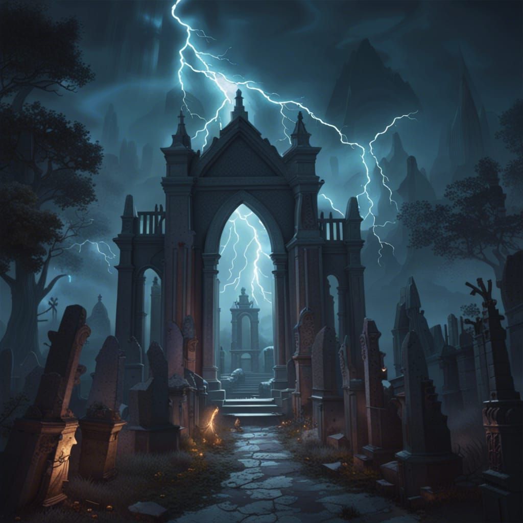 Dark Graveyard with Rising Ghosts, Fantasy Art
