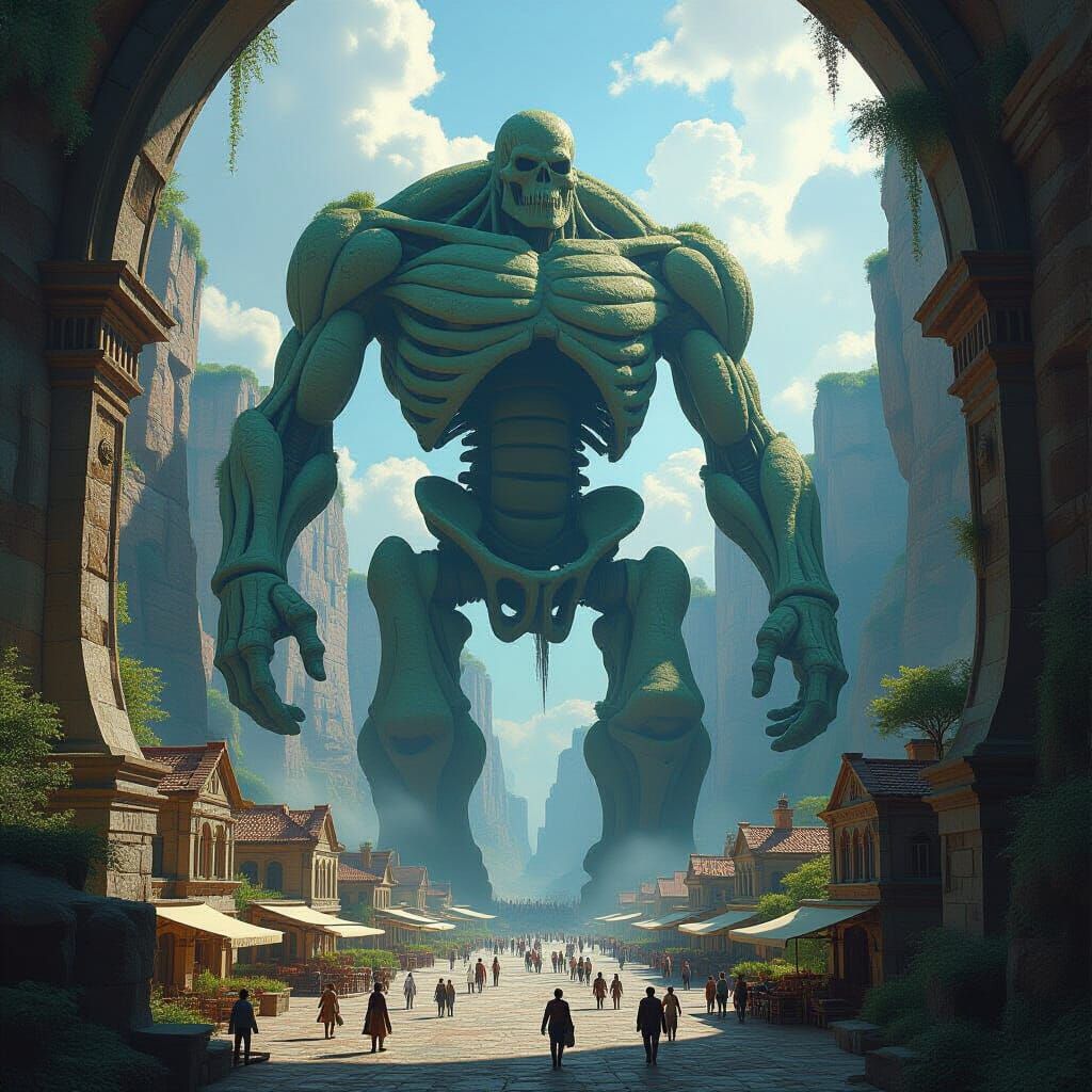 Giant's Body Becomes Miniature City Landscape