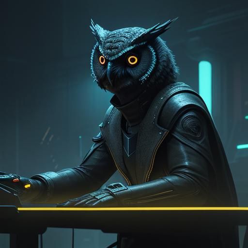 Robotic Owl in Dark Sci-Fi Neon Glow
