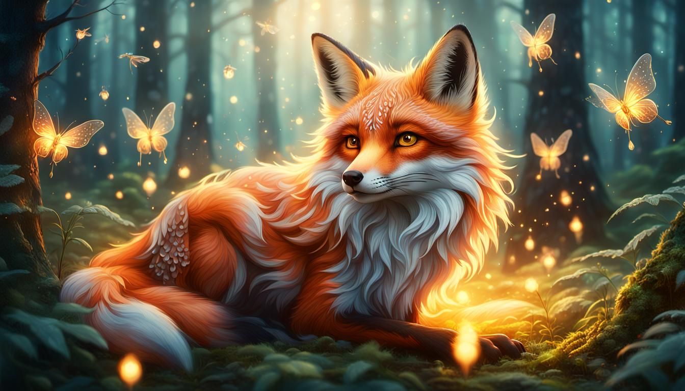 Winged Fox in Mystical Forest at Golden Hour