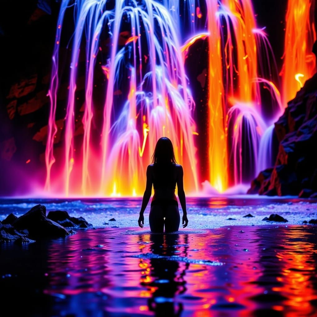 Bioluminescent Waterfall with Woman's Silhouette