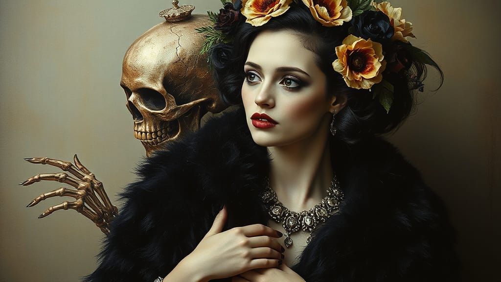 Ethereal Gothic Woman with Florals and Skulls