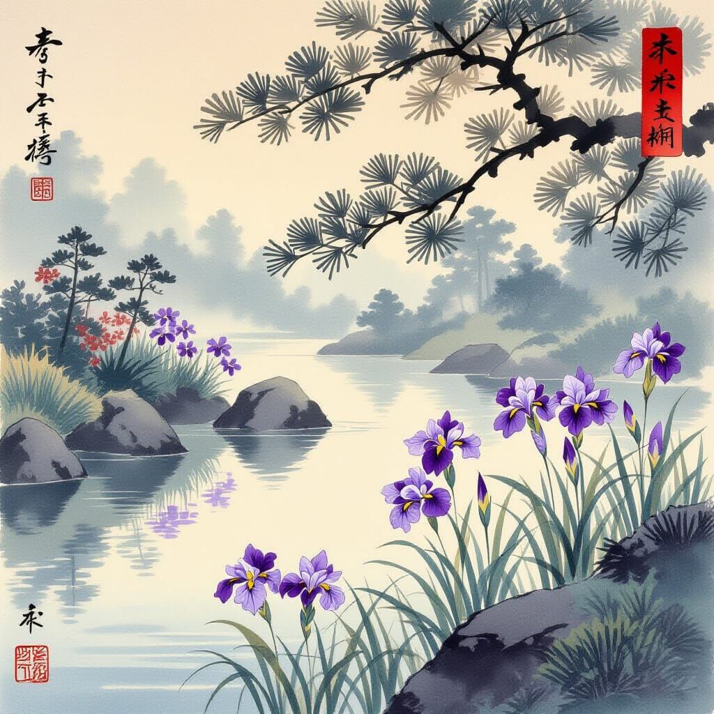 Irises Bloom: Japanese Ukiyo-e Ink Splash