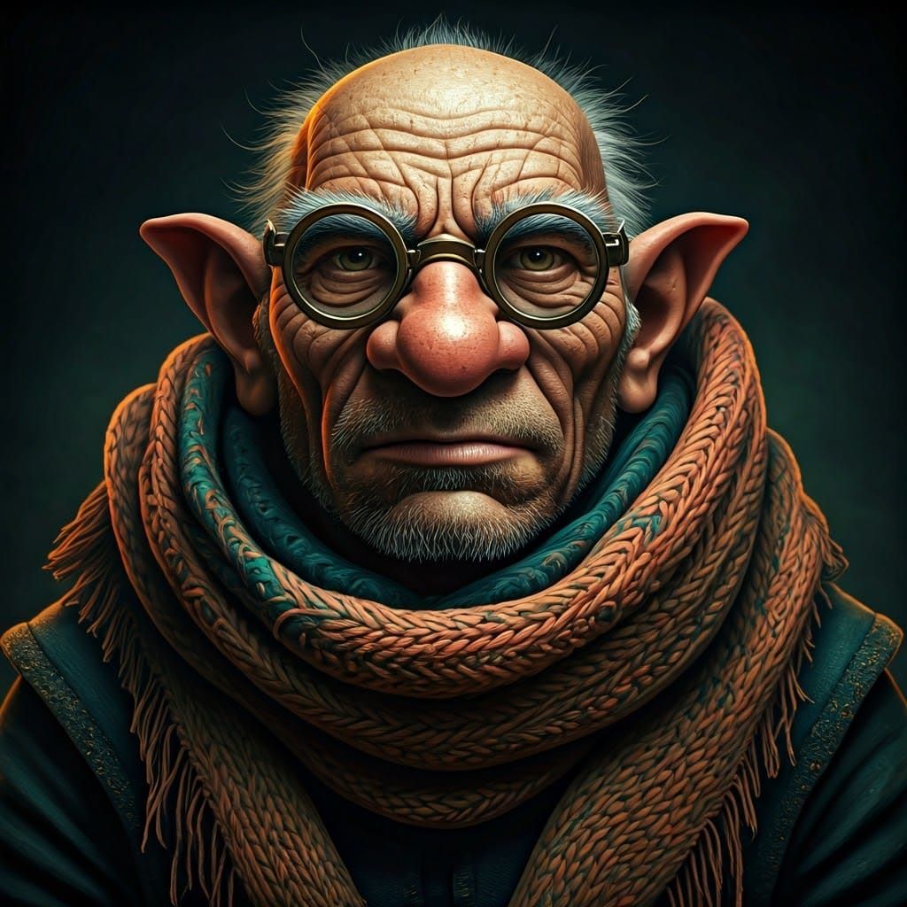 Grizzled Gnome Warlock Portrait in Intricate Knit Scarf and...