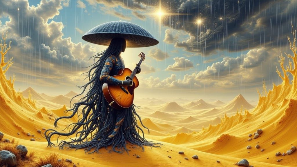 Cowboy Plays Guitar in Surreal Desert Landscape