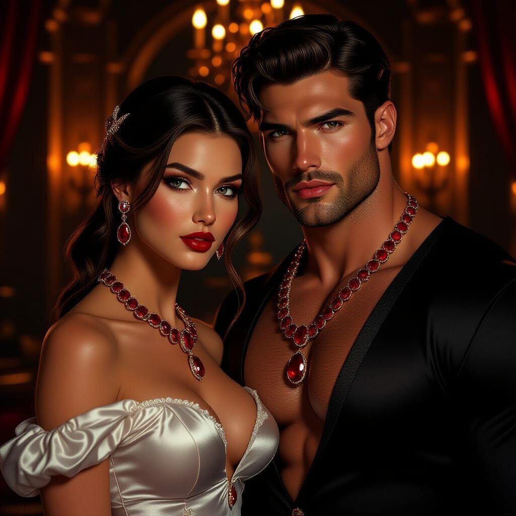 Hyperrealistic 3D Couple with Ruby Necklace