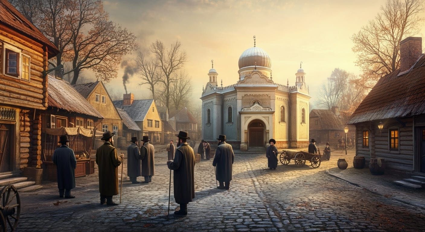 Vibrant 19th-Century Polish Shtetl Scene in Oil Painting Sty...