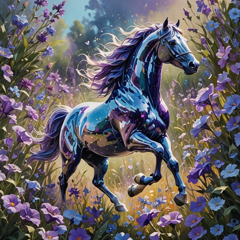 Glass Horse Galloping Through Floral Field