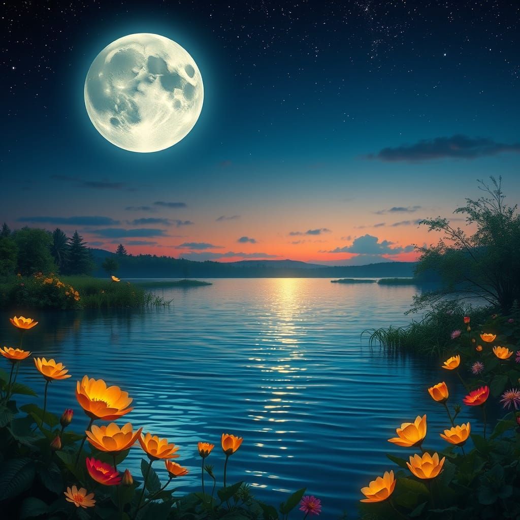 Luminous Lake Scene in Whimsical, Dreamlike Style