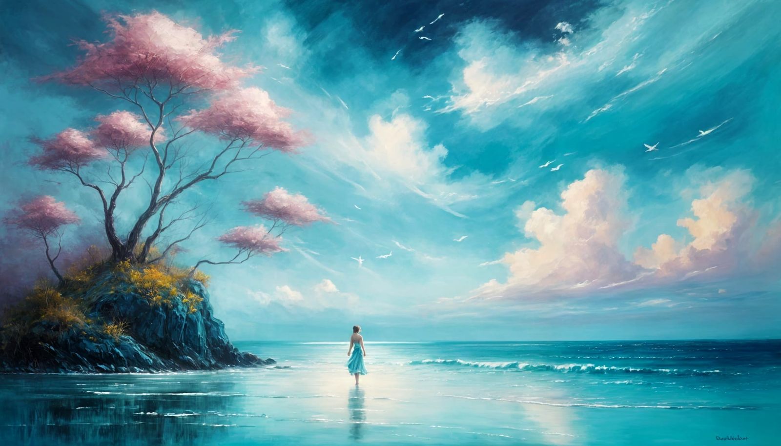 Dreamlike Figure on Turquoise Island in Vibrant Oil Painting
