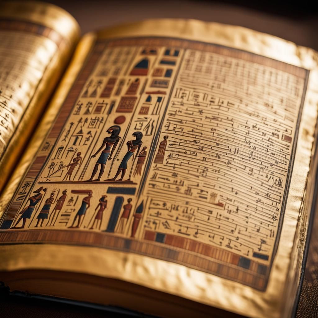 detailed Egyptian book of the Dead, gold, book, papyrus, worn pages, hieroglyphics, Professional photography, bokeh, nat...
