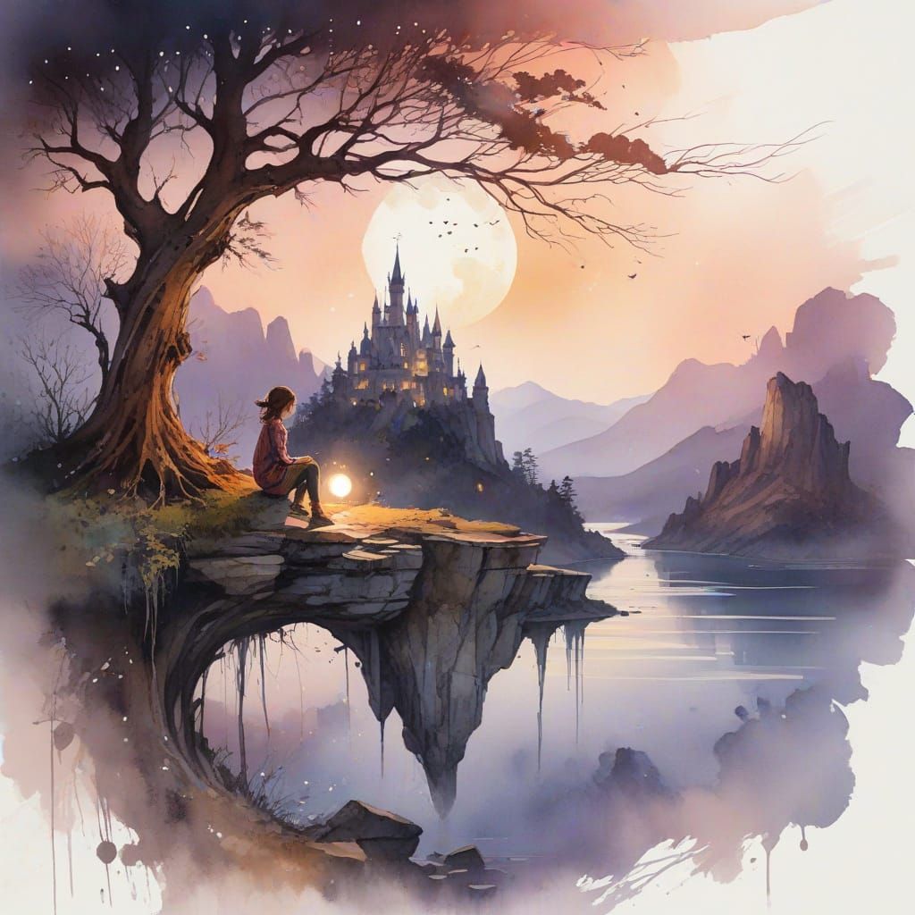 Surreal Nighttime Scene with Whimsical Castle and Radiant Mo...