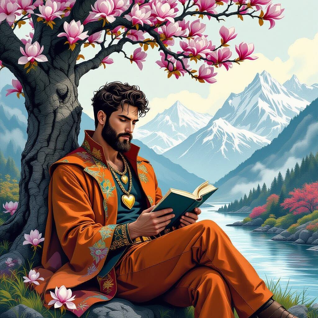 Man Reading by Magnolia Tree in Graphite Style