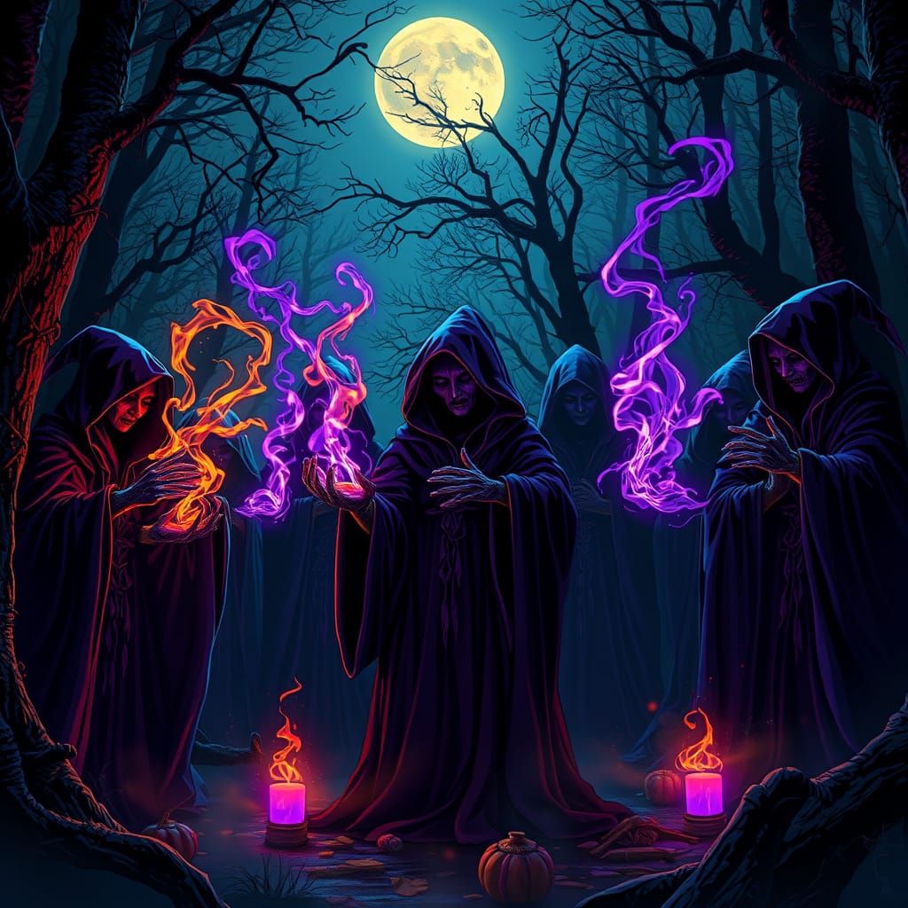 Mysterious Witches Coven in Ancient Forest Under Full Moon