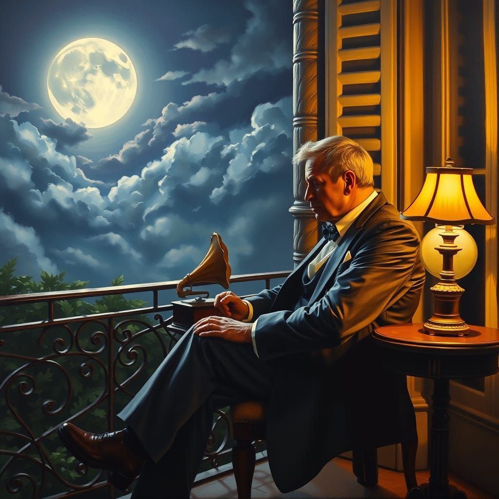 Man Contemplates by Moonlit Gramophone