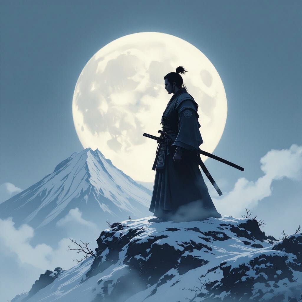 Samurai Meditating Under Full Moon in Ink Wash Style