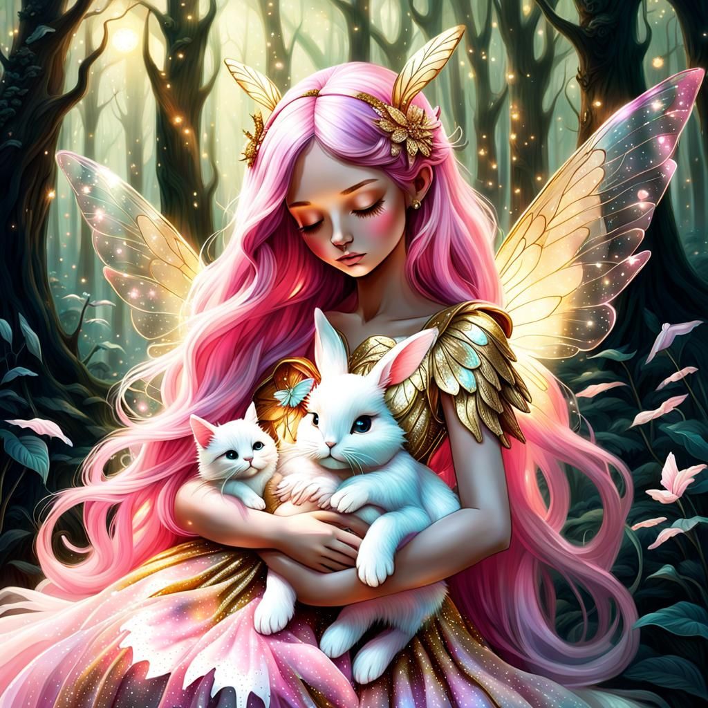 Fairy with Bunny in Enchanted Forest Digital Art