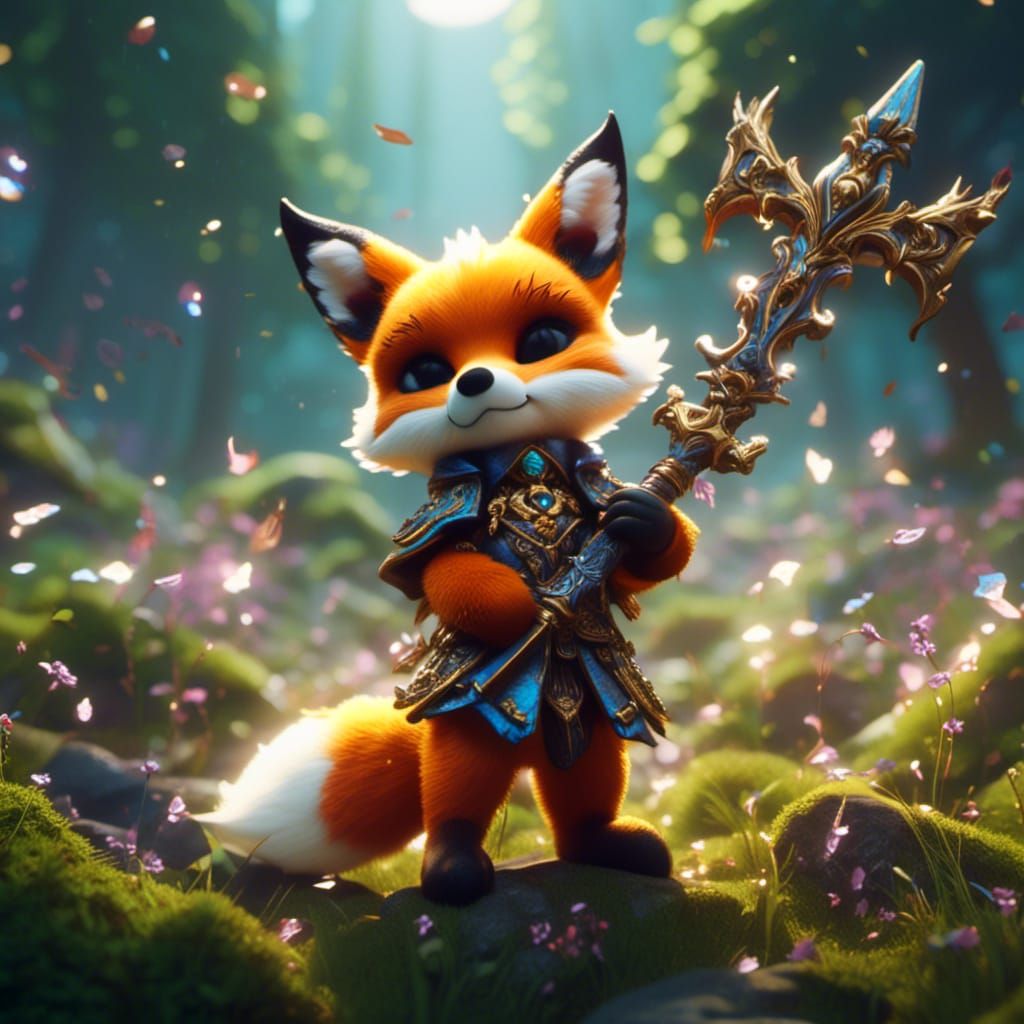 Cartoon Fox Warrior with Sword, Hyperdetailed Art