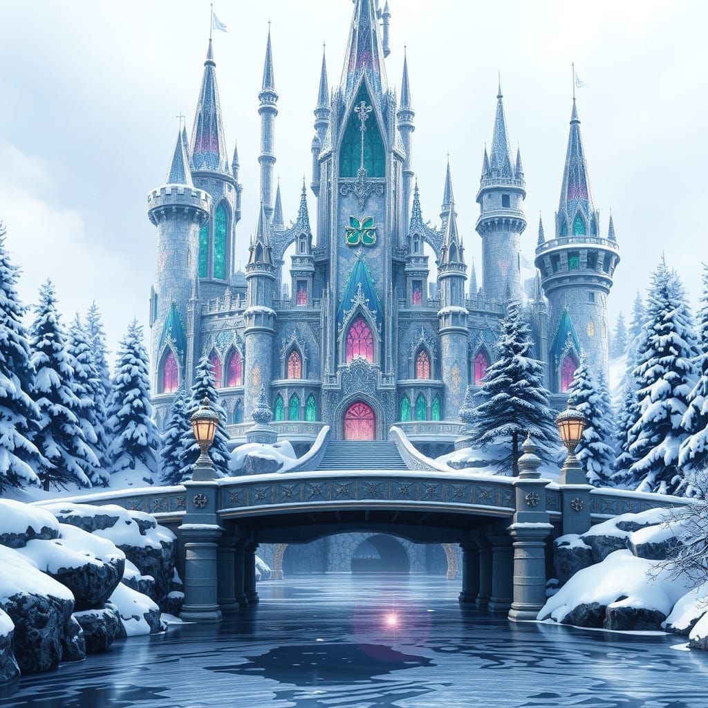 Crystal Castle in Serene Winter Wonderland