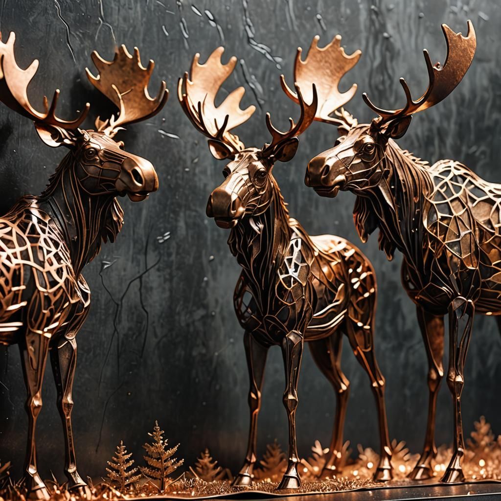 CNC Metal Moose Family: Industrial Copper Art