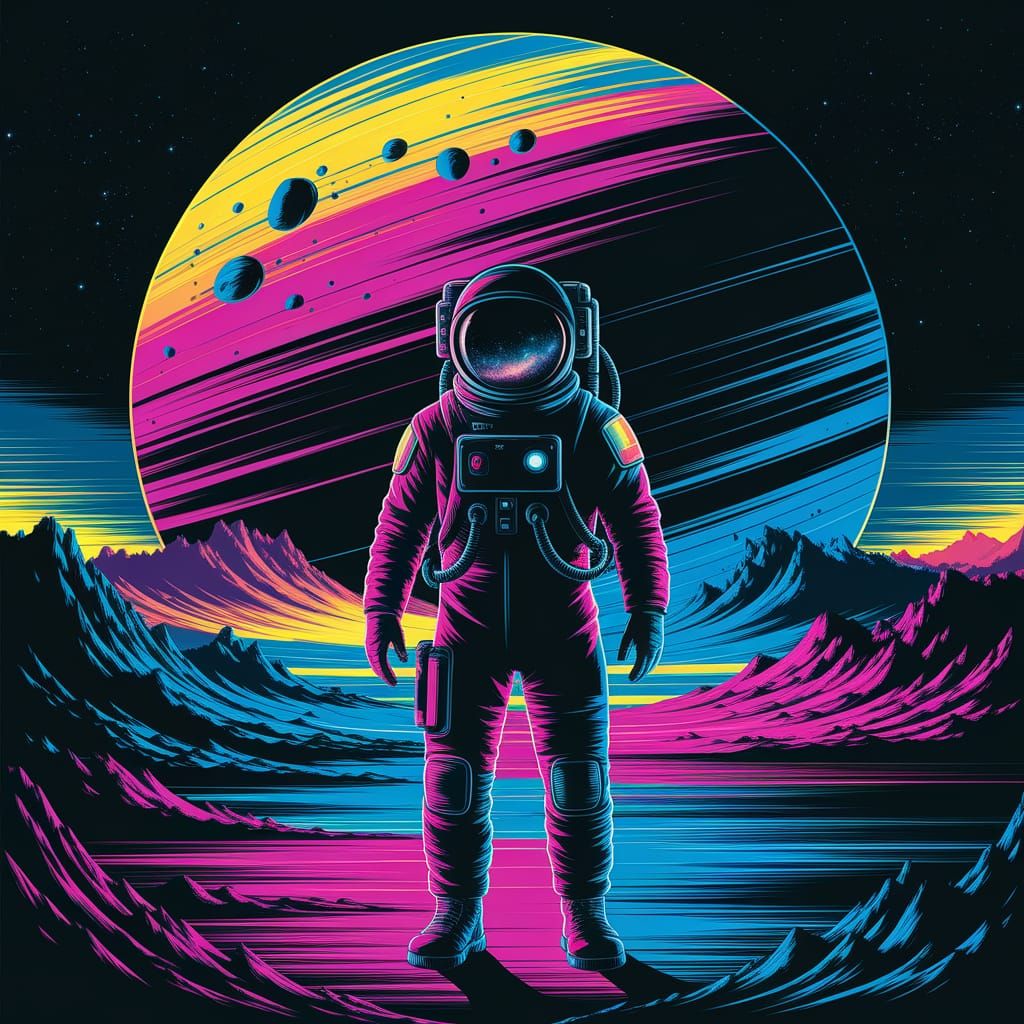 Cyberpunk Astronaut Stands on Alien Landscape