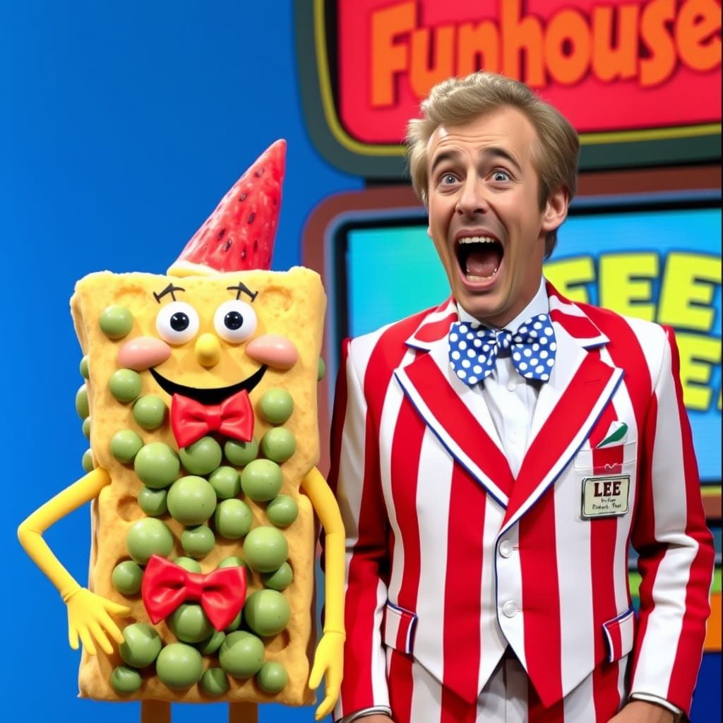 Surreal Game Show Scene with Waffle Character