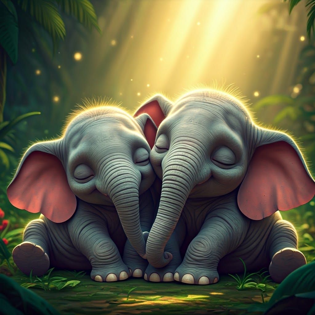 Sleeping Baby Elephants in Lush Jungle: 3D Digital Art