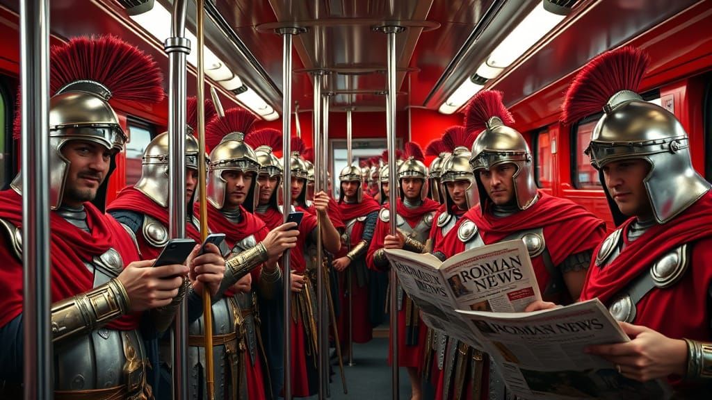Roman Soldiers on Double-Decker Bus, Hyperrealistic