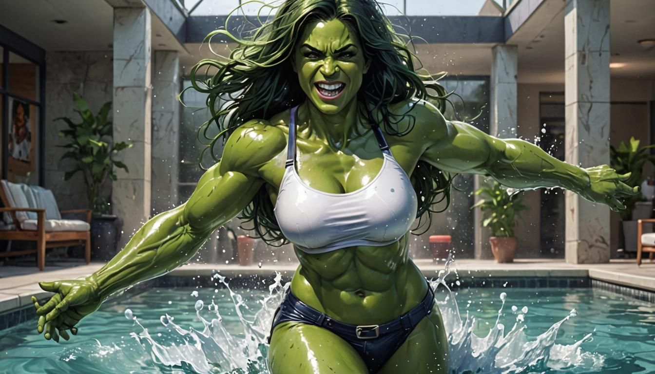Happy She-Hulk Splashing in a Pool